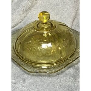 Vintage Amber Depression Glass Butter Dish Lid Floral Etched 7 Inch Uranium